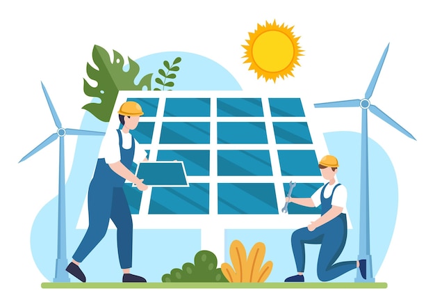 Vector solar energy installation illustration with home service team for electricity network operation