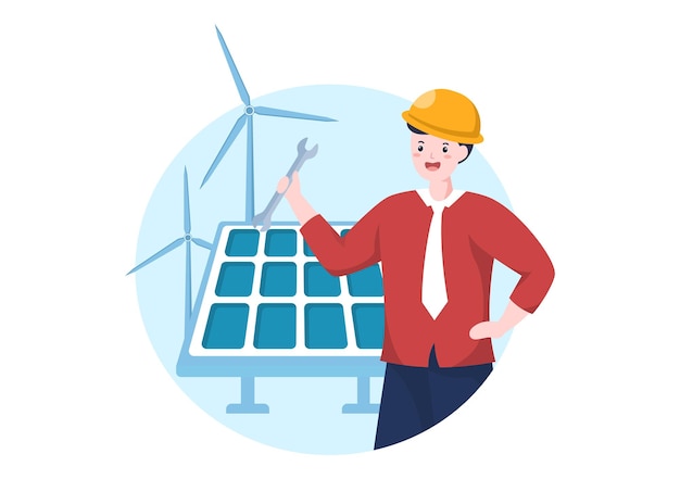 Solar Energy Installation Illustration with Home Service Team For Electricity Network Operation