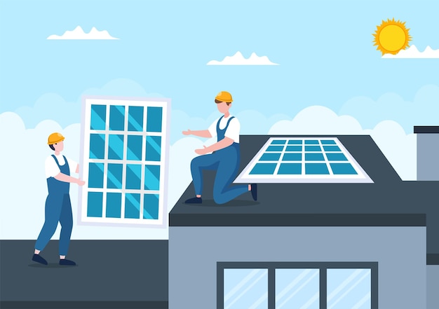 Vector solar energy installation illustration with home service team for electricity network operation