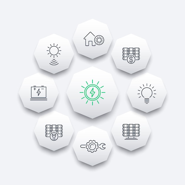 Solar energy line icons, solar panels, plant, solar energetics, octagon icons set, vector illustration