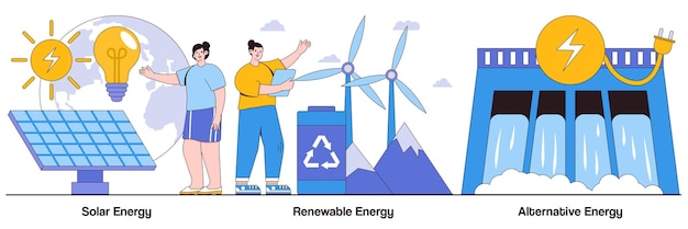 Solar energy renewable energy alternative energy concepts with people characters Ecofriendly innovations sustainable technology solar panels and wind turbines use vector illustration pack