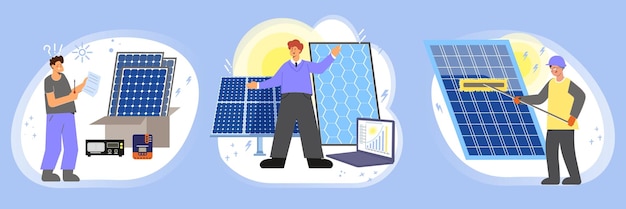 Set di energia solare di tre composizioni piatte con personaggi dei lavoratori che decomprimono l'installazione e la pulizia dei pannelli fotovoltaici illustrazione vettoriale