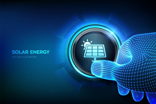 Energia solare icona della stazione della centrale elettrica del pannello fotovoltaico solare concetto di generazione di energia del parco solare fotovoltaico sostenibile rinnovabile primo piano del dito che sta per premere un pulsante illustrazione vettoriale