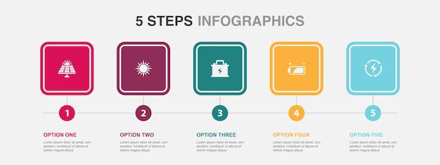 Solar energy Sun Accumulator battery renewable energy icons Infographic design template Creative concept with 5 steps