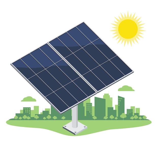 미래 도시 생태 개념 아이소메트릭 격리 그림 기호를 위한 태양 전지판 청정 에너지
