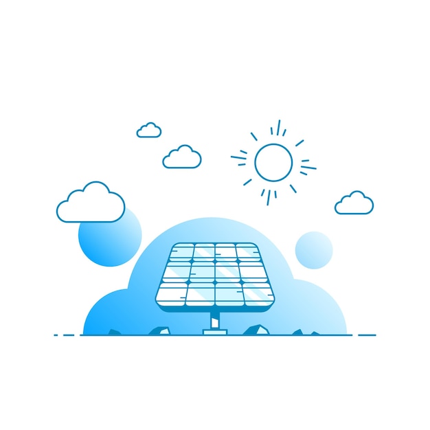 白い背景で隔離のソーラーパネル、再生可能太陽エネルギーのフラットスタイルの概要概念図