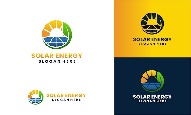 Pannello solare e logo di energia solare con modello di logo di concetto di foglia