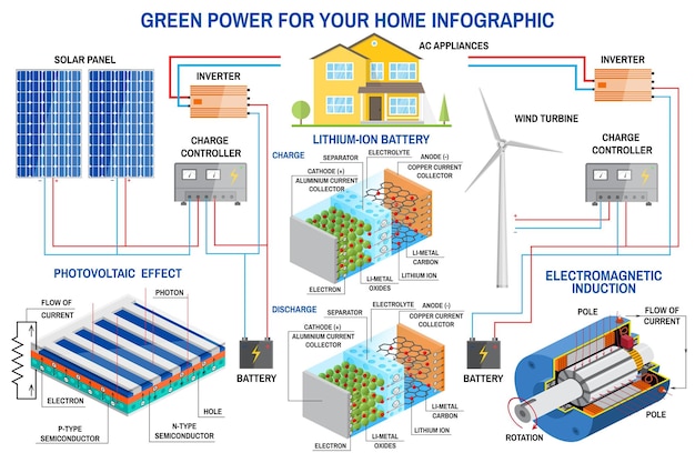 Система генерации энергии от солнечных панелей и ветра для домашнего инфографика