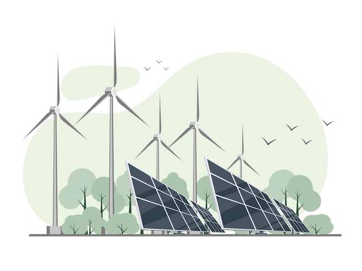Vector solar panels on the background of the cityscape
