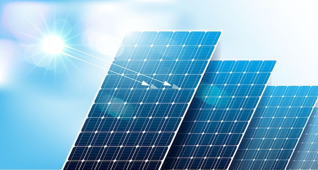 太陽光パネル - 持続可能な電力発電のための環境に優しい再生可能エネルギー源 - 青い空と太陽光の反射ベクトルデザインのクリーンエネルギーコンセプト