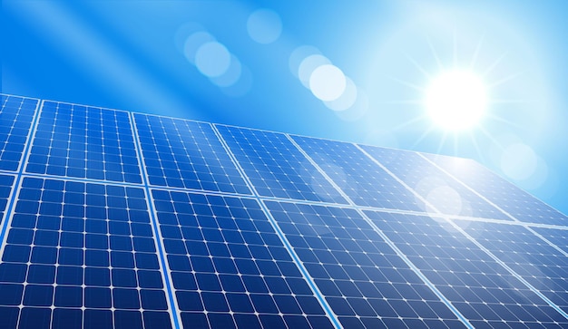 太陽光パネル - 持続可能な電力発電のための環境に優しい再生可能エネルギー源 - 青い空と太陽光の反射ベクトルデザインのクリーンエネルギーコンセプト