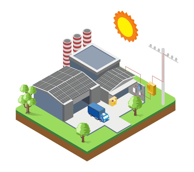Vector solar panels on the factory roof with electric poles