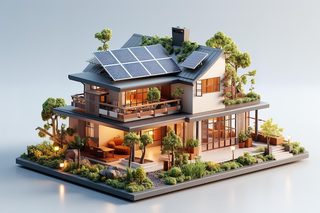 Vector solar panels on the roof of the house 3d rendering