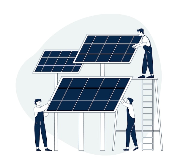 Solar panels Sun power using alternative energy systems Electrician workers modern green electricity elements Eco city save environment recent vector scene