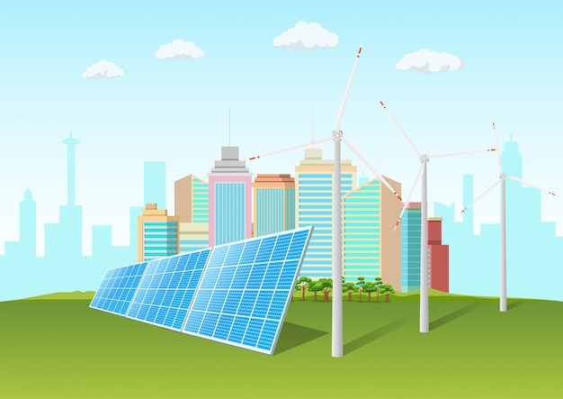 Vector solar panels and windmill in front of the city skyline