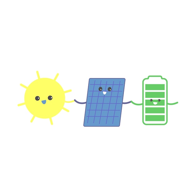 Vettore energia solare rinnovabile in stile cartone animato sole pannello solare e batteria per la scuola vettore piatto