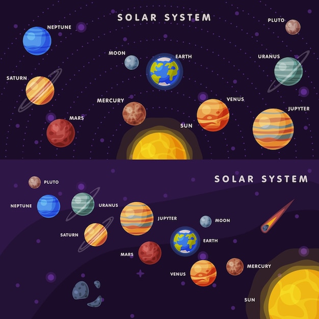 Sistema solare banner set terra saturno mercurio venere terra marte giove saturno urano nettuno plutone lune pianeti nell'universo galattico illustrazione vettoriale