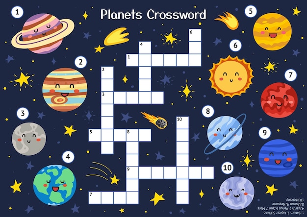 Solar System crossword puzzle with cute planets