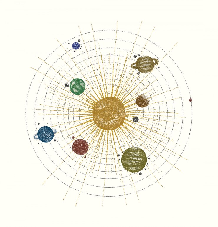 Vector solar system in dotwork style. planets in orbit. vintage hand drawn colorful illustration.