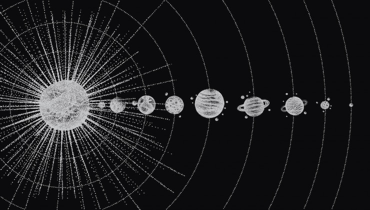 Vector solar system in dotwork style. planets in orbit.