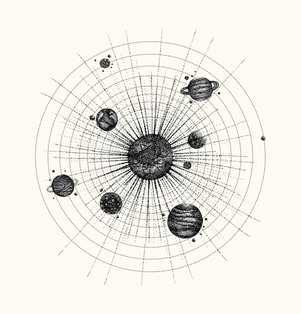 Solar system in dotwork style. planets in orbit.