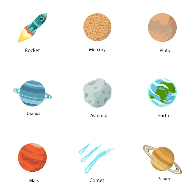 Solar system icon set. Flat set of 9 solar system icons