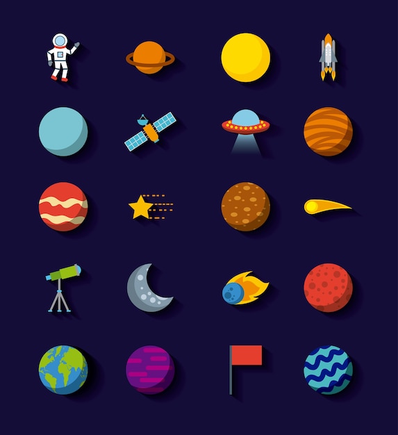 solar system icons set flat