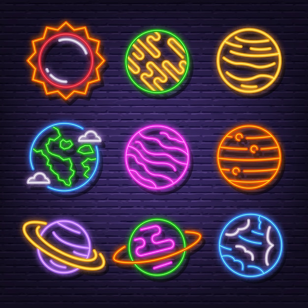 Vector solar system neon signboard icons