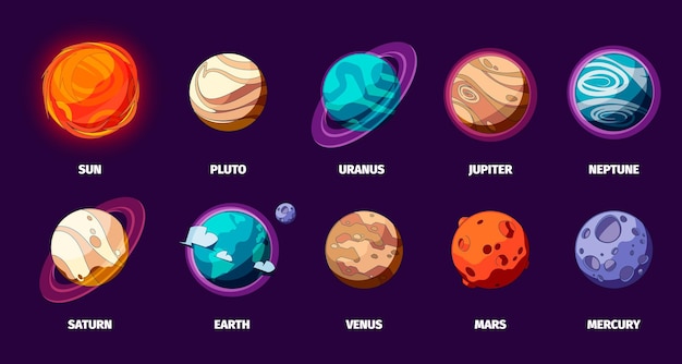 Solar system planets set Colorful cartoon space planets Sun Earth Moon Mars Venus Saturn cosmic universe concept Vector isolated collection