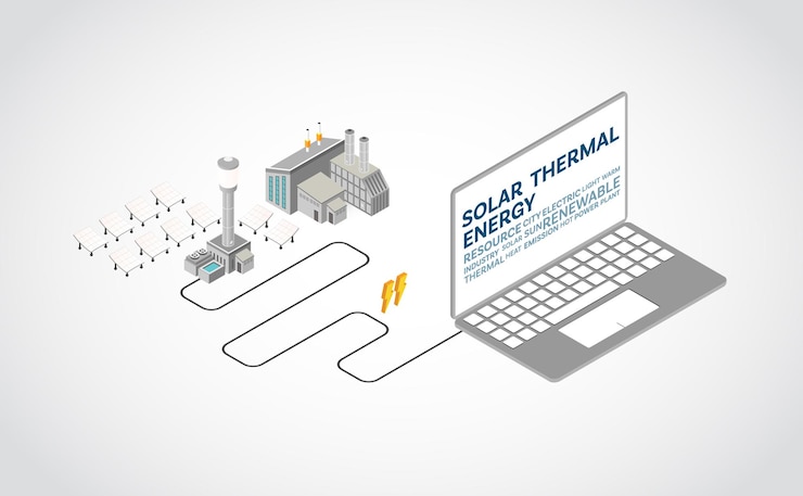 Vector solar thermal energy, solar thermal power plant in isometric graphic