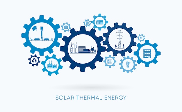 Energia solare termica, centrale termica solare con l'icona dell'ingranaggio