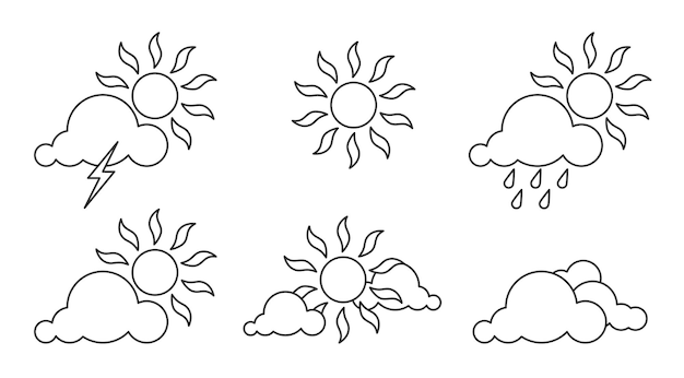 Elemento meteo solare meteorologia linea nera set oggetto sito meteorologia personalizzato caldo freddo clima soleggiato piovoso sole nuvola pioggia fulmine modello vuoto colorazione adesivo cornice app mobile isolata