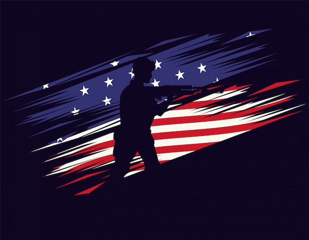 Soldaat met geweer figuur silhouet in usa vlag