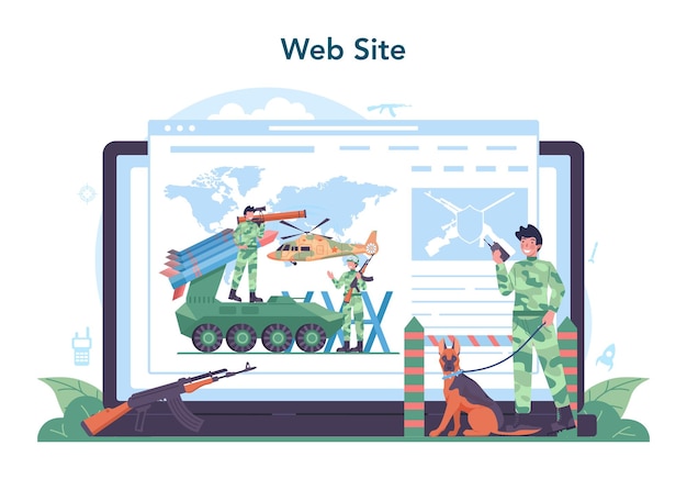 Vector soldaat online service of platform militaire kracht werknemer in camouflage met een wapen militaire training website platte vectorillustratie