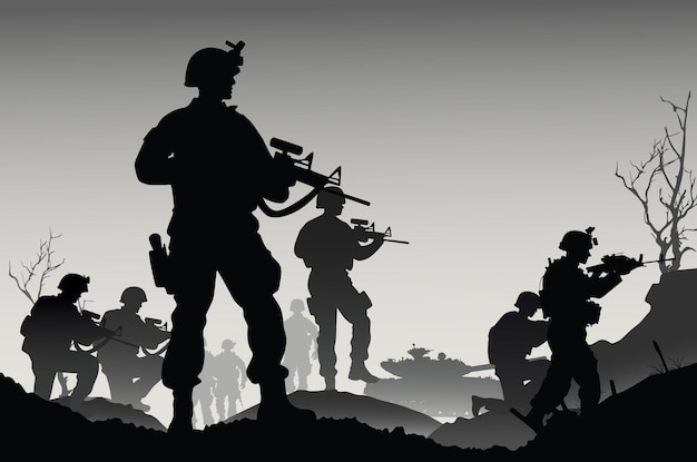 Soldaten bij de uitvoering van het gevechtsmissiesilhouet van soldaten vechten in de strijd