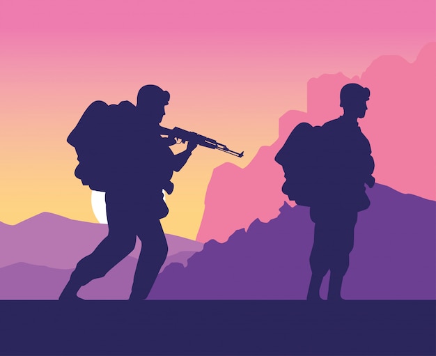 Soldaten cijfers silhouetten bij zonsondergang scène illustratie