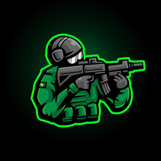 Vector soldaten schieten mascotte logo ontwerp illustratie vector voor sport, esport, gaming, team of club