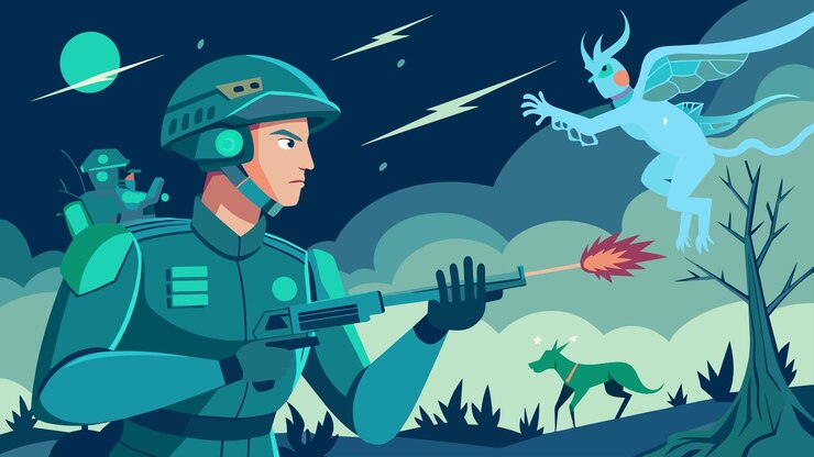 Vector a soldier on the battlefield using a neural implant to enhance their physical abilities and fight