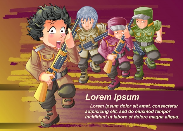 Personaggio dei soldati e i suoi amici sul disegno di sfondo.