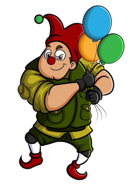 The soldier clown is holding the colorful balloons