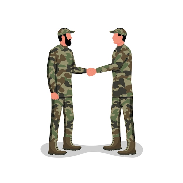 Soldier handshake two people in camouflage uniforms conclude a contract