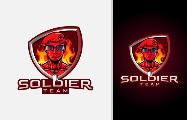 Vettore il logo della mascotte del soldato dell'esercito rosso di fuoco è adatto per l'illustrazione vettoriale del logo della squadra