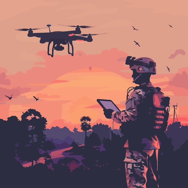 Soldier_operating_of_flying_drone_at_sunset