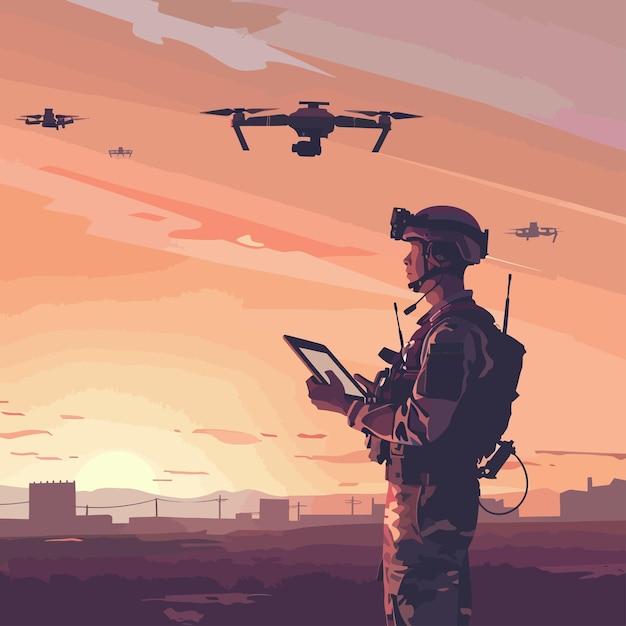 Soldier_operating_of_flying_drone_at_sunset