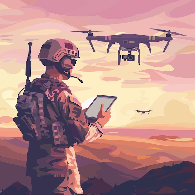 Soldier_operating_of_flying_drone_at_sunset