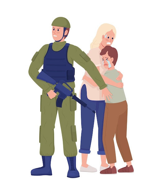 Vector soldier protects family semi flat color vector characters