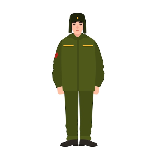 Soldato delle forze armate russe che indossano l'uniforme invernale dell'esercito e il cappello di pelliccia. militare, valletto o fante isolato su sfondo bianco. personaggio dei cartoni animati maschile. illustrazione di vettore del fumetto piatto.