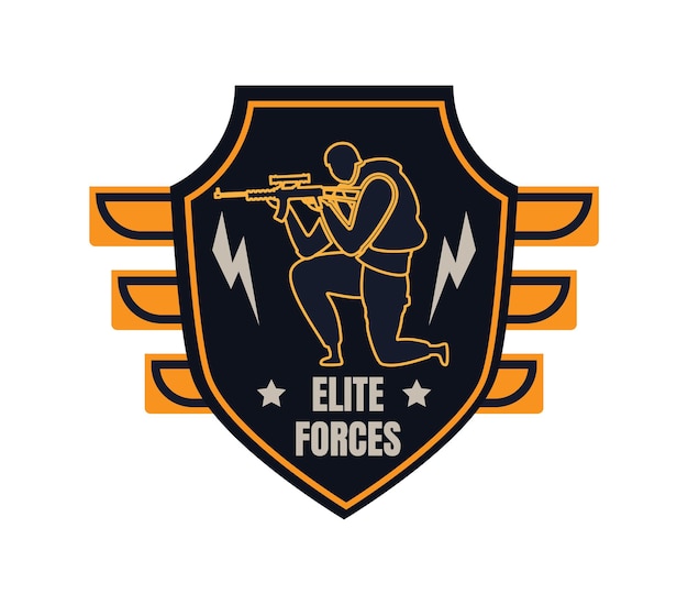 Soldier silhouette kneeling with rifle on shield emblem Elite Forces badge Military logo special unit insignia vector illustration