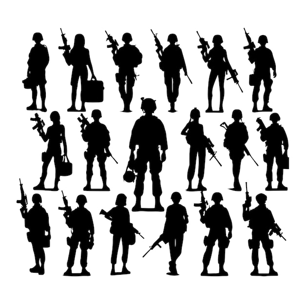Vector soldier silhouette on a white background special army force wearing uniforms soldiers standing