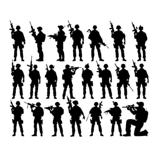 Vector soldier silhouette on a white background special army force wearing uniforms soldiers standing